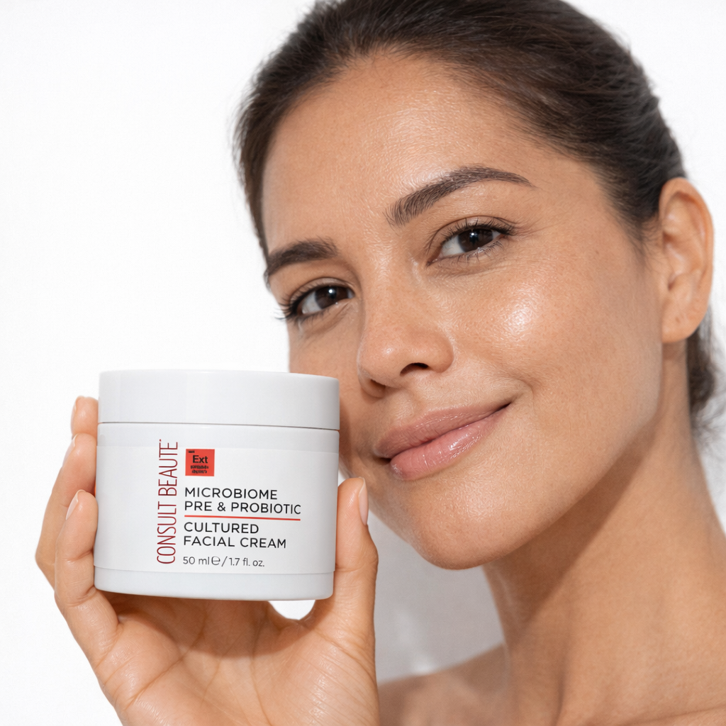 Consult Beaute Microbiome Pre-Probiotic Cultured Facial Cream with prebiotic and probiotic skincare to hydrate, support the moisture barrier and promote balanced, smooth, radiant-looking skin.
