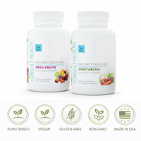 Two supplement bottles labeled 'Mega Fruits' and 'Vegetables+' with branding and feature icons on a white background.  Consult Health's Nature's Treasures Daily Food Supplements.  Mega Fruits.  Vegetables.  Consult by Dr Terry Dubrow and Heather Dubrow.
