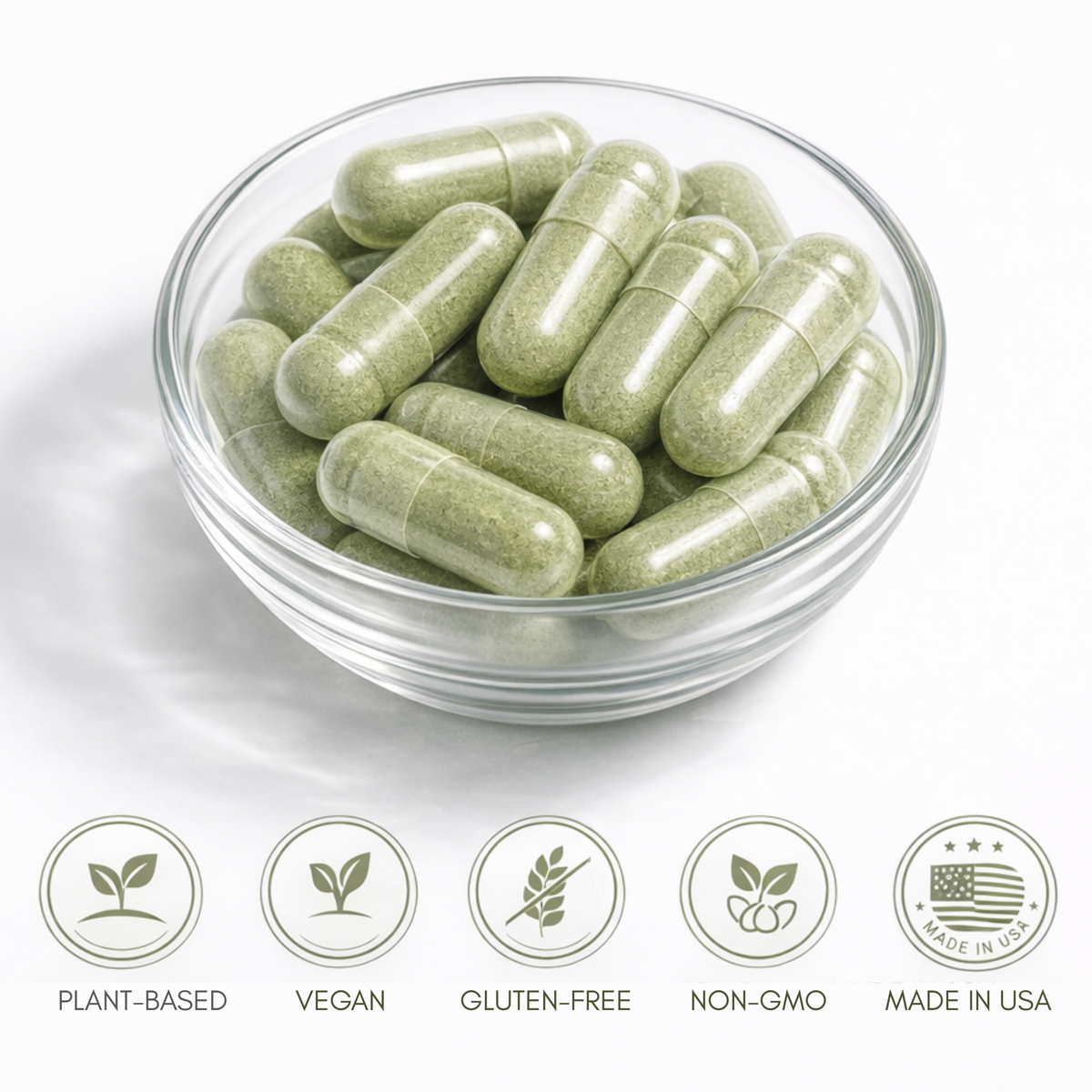 Glass bowl filled with green capsules on a white background, with certification icons below.  Nature's Treasure Vegetables + Daily Food Supplement.  Consult Health by Dr Terry Dubrow and Heather Dubrow.  