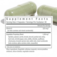 Supplement facts label with capsules in the background.  Nature's Treasure Vegetables + Daily Food Supplement.  Consult Health by Dr Terry Dubrow and Heather Dubrow.  
