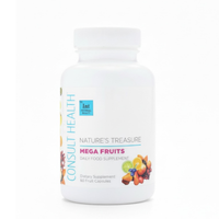 Supplement bottle with fruit graphics and text about fruit consumption on a white background.  Consult Health's Nature's Treasures Daily Food Supplements.  Mega Fruits.  Vegetables.  Consult by Dr Terry Dubrow and Heather Dubrow.