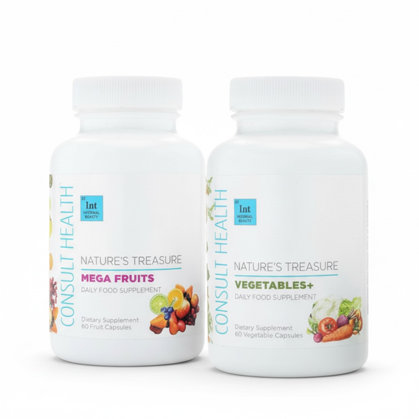 Two supplement bottles labeled 'Mega Fruits' and 'Vegetables+' on a white background.  Consult Health's Nature's Treasures Daily Food Supplements.  Mega Fruits.  Vegetables.  Consult by Dr Terry Dubrow and Heather Dubrow.