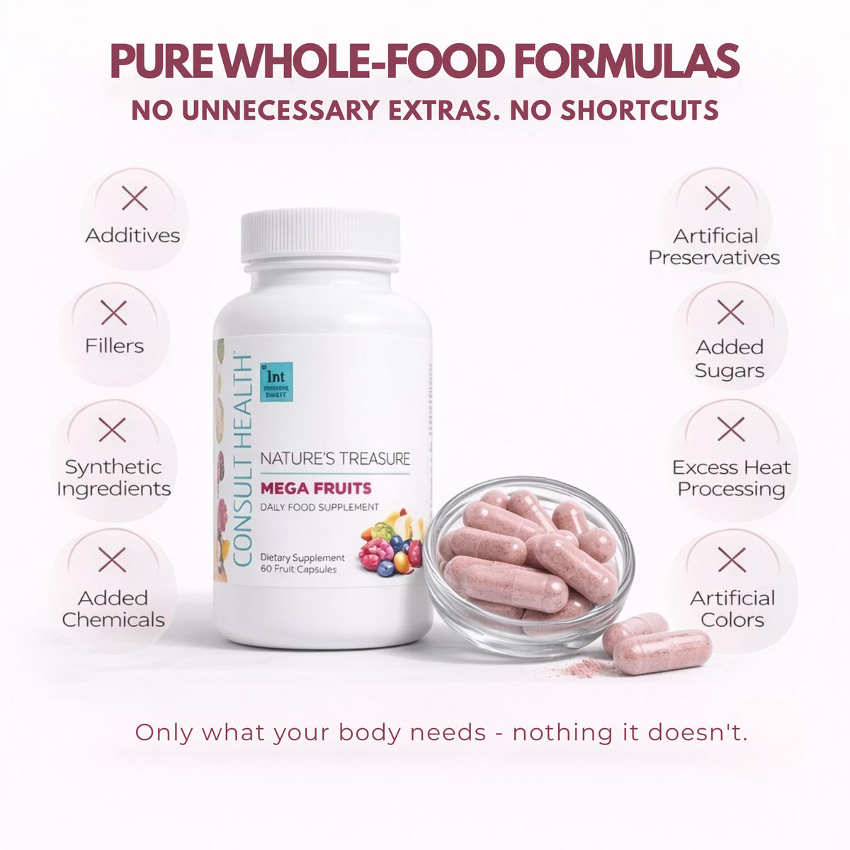 Supplement bottle labeled 'Natures Treasure' with text highlighting pure whole-food formulas and benefits on a white background.  Consult Health's Nature's Treasures Daily Food Supplements.  Mega Fruits.  Vegetables.  Consult by Dr Terry Dubrow and Heather Dubrow.