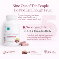 Supplement bottle with fruit graphics and text about fruit consumption on a white background.  Consult Health's Nature's Treasures Daily Food Supplements.  Mega Fruits.  Vegetables.  Consult by Dr Terry Dubrow and Heather Dubrow.