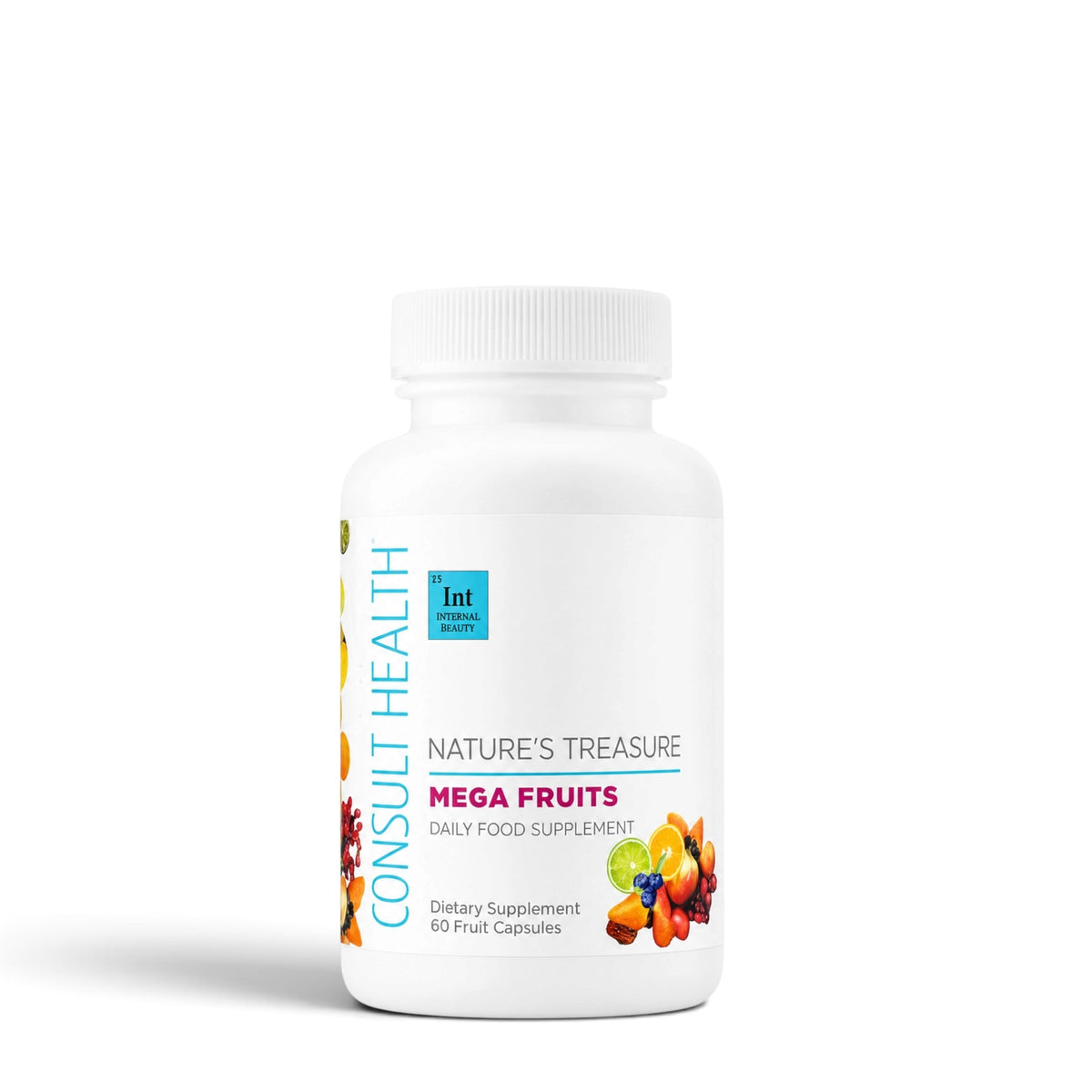 Nature's Treasure Mega Fruits Daily Food Supplement capsules with the equivalent of 5 servings of fruit in 2 convenient daily capsules.
