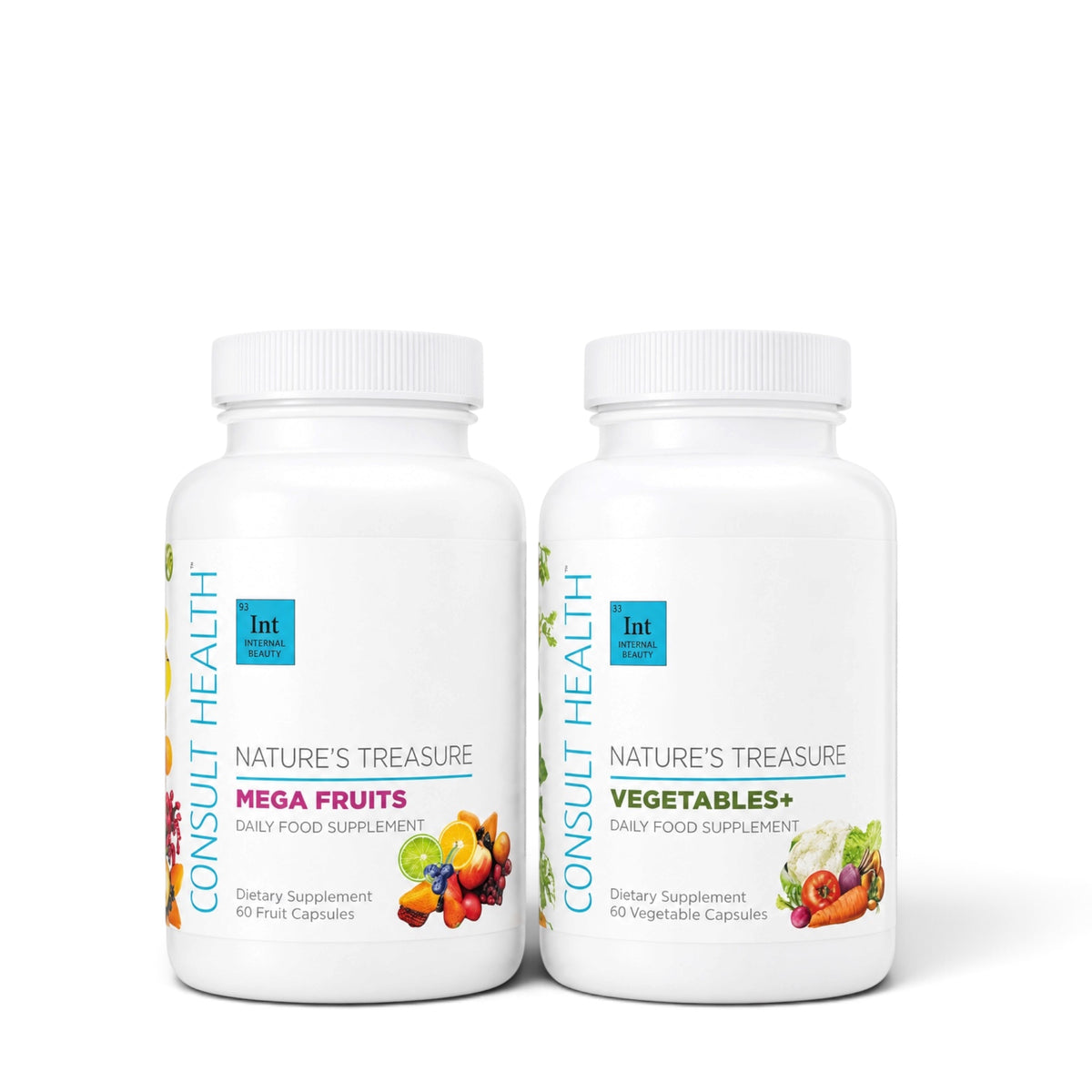 Nature's Treasure Mega Fruits and Vegetables+ daily food supplement featuring concentrated plant-based nutrition from fruits and vegetables.
