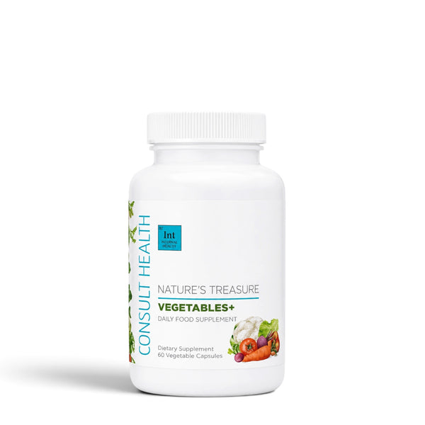 Nature's Treasure Vegetables+ Daily Food Supplement capsules with the equivalent of 5 servings of vegetables per daily serving.