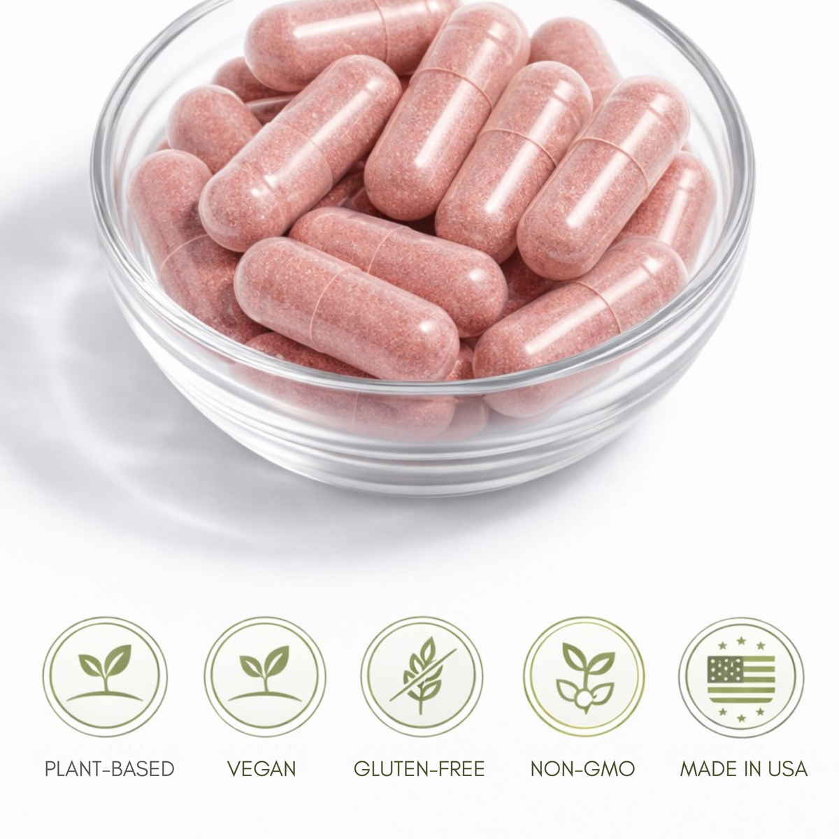 Pink capsules in a clear glass bowl with certification icons below on a white background.  Consult Health's Nature's Treasures Daily Food Supplements.  Mega Fruits.  Vegetables.  Consult by Dr Terry Dubrow and Heather Dubrow.  Plant Based.  Vegan.  Gluten-Free.  Non-GMO.  Made in the USA.  
