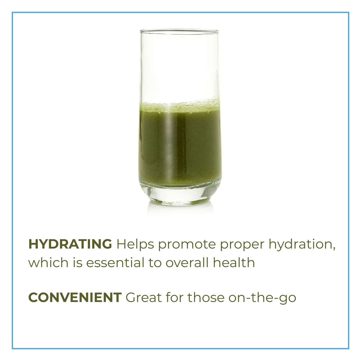 Glass of green juice with text about hydration and convenience on a white background.  Dubrow Keto/Fusion Primo Celery.  Organic Celery Powder