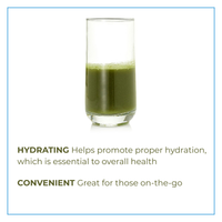 Glass of green juice with text about hydration and convenience on a white background.  Dubrow Keto/Fusion Primo Celery.  Organic Celery Powder