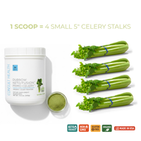 Container of Dubrow Keto/Fusion Primo Celery with celery stalks and powder on a white background.  Dubrow Keto/Fusion Primo Celery.  Organic Celery Powder