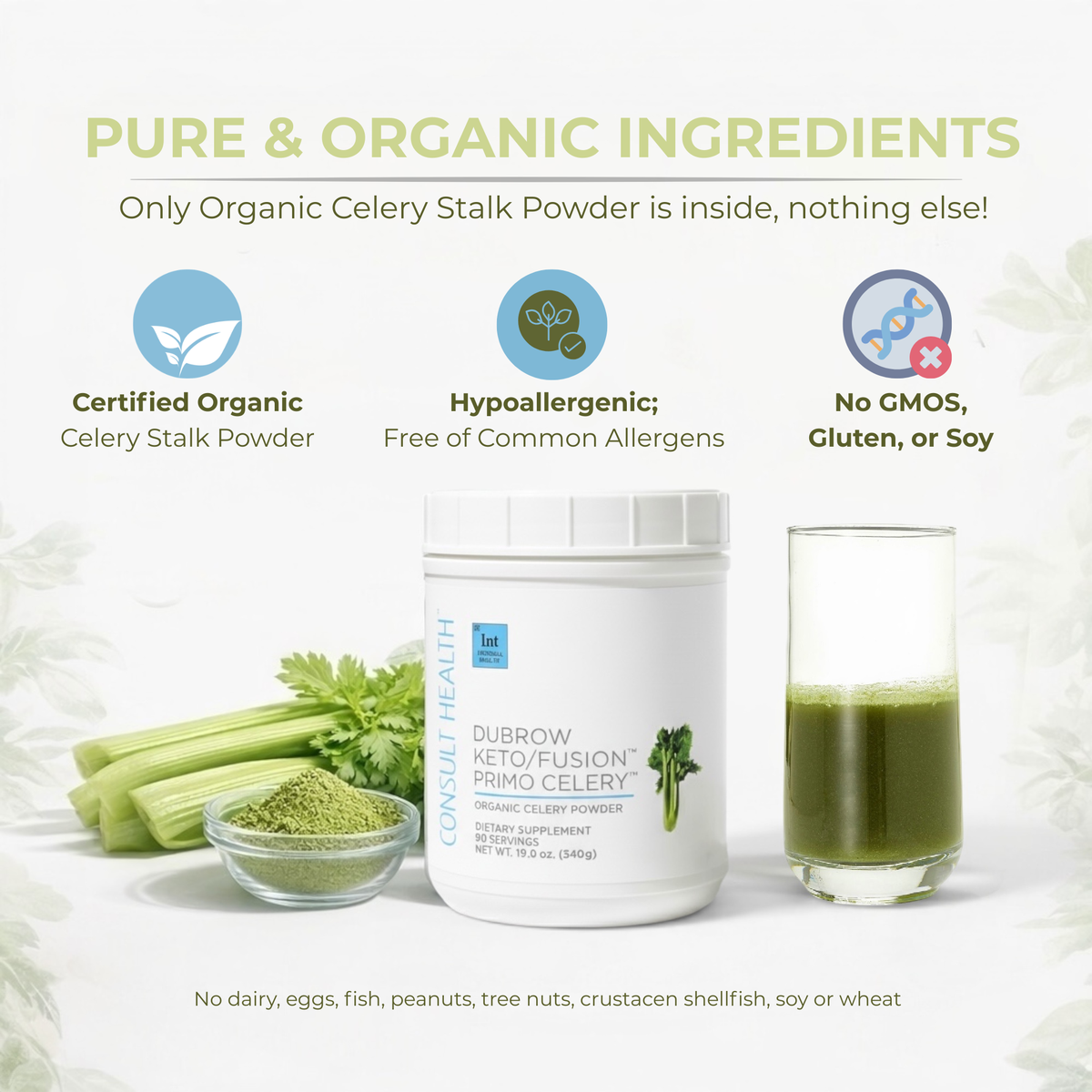 Product packaging with celery stalks, powder, and a glass of juice on a white background.  Dubrow Keto/Fusion Primo Celery.  Organic Celery Powder