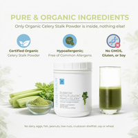 Product packaging with celery stalks, powder, and a glass of juice on a white background.  Dubrow Keto/Fusion Primo Celery.  Organic Celery Powder