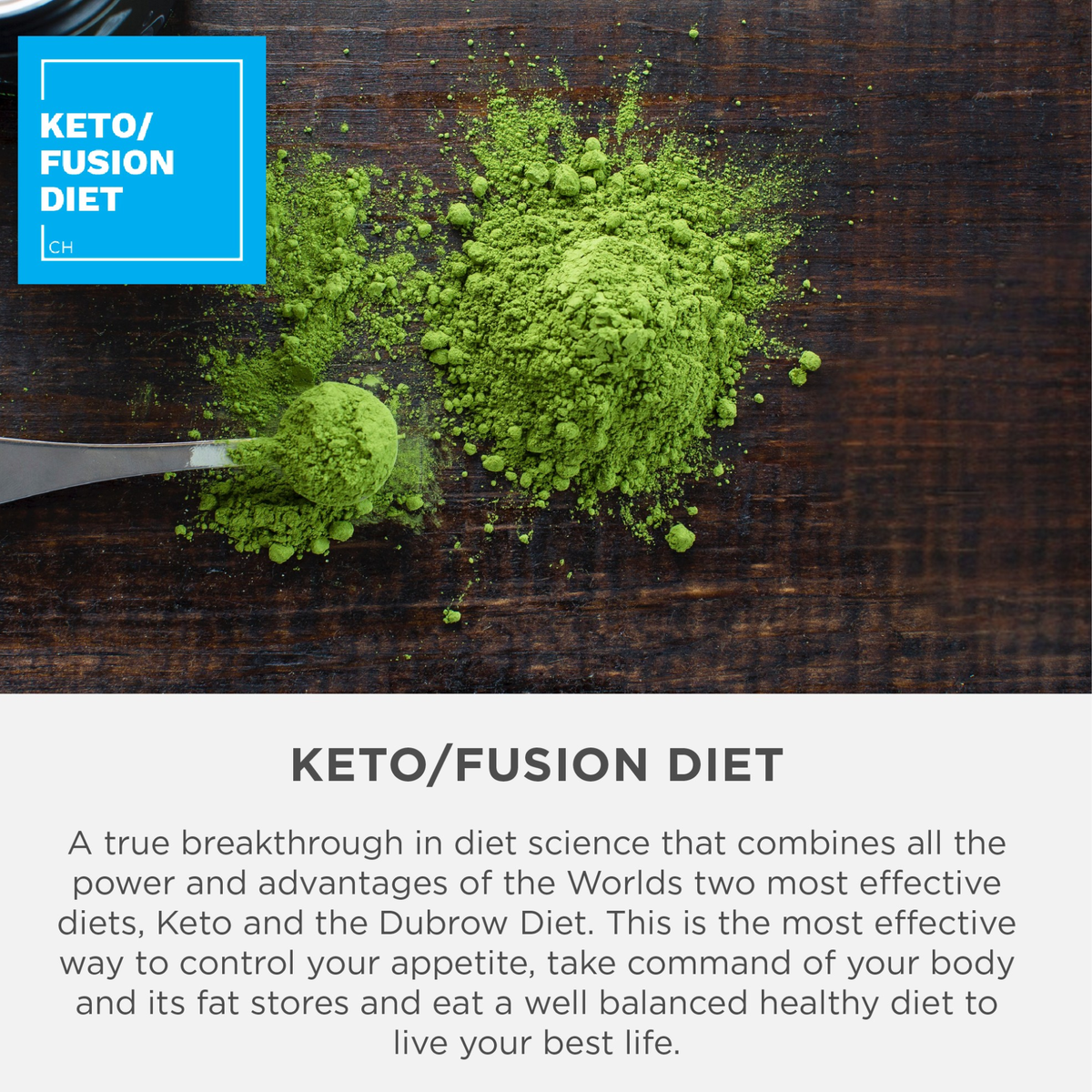 Green powder with a scoop on a wooden surface, labeled 'Keto/Fusion Diet'.  Dubrow Keto/Fusion Primo Celery.  Organic Celery Powder