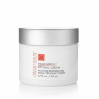 White jar of Consult Beaute Regenerol Retinol Cream with silver lid on a white background.  Consult Beaute by Dr Terry Dubrow and Heather Dubrow.  