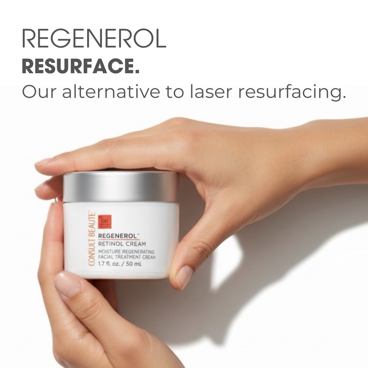 White jar of Consult Beaute Regenerol Retinol Cream with silver lid on a white background.  Consult Beaute by Dr Terry Dubrow and Heather Dubrow.  