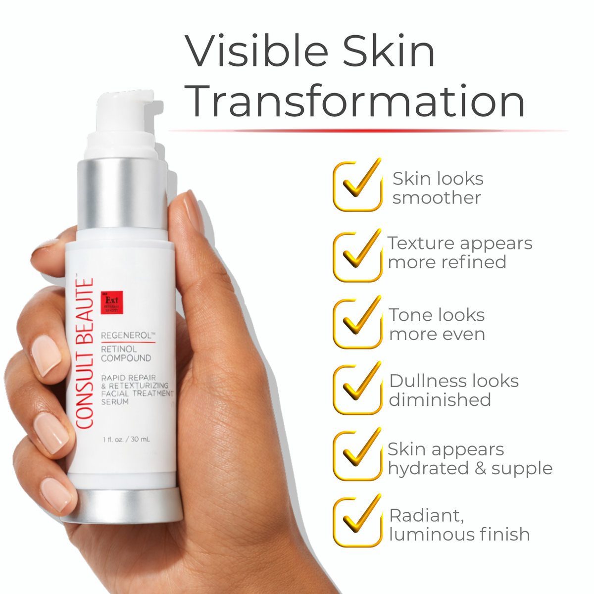 Hand holding a skincare serum bottle with visible skin transformation benefits listed.  Regenerol Retinol Compound.  Rapid Repair and Retexturizing Facial Serum.  Consult Beaute by Dr Terry Dubrow and Heather Dubrow. 