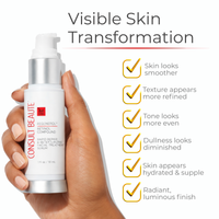 Hand holding a skincare serum bottle with visible skin transformation benefits listed.  Regenerol Retinol Compound.  Rapid Repair and Retexturizing Facial Serum.  Consult Beaute by Dr Terry Dubrow and Heather Dubrow. 