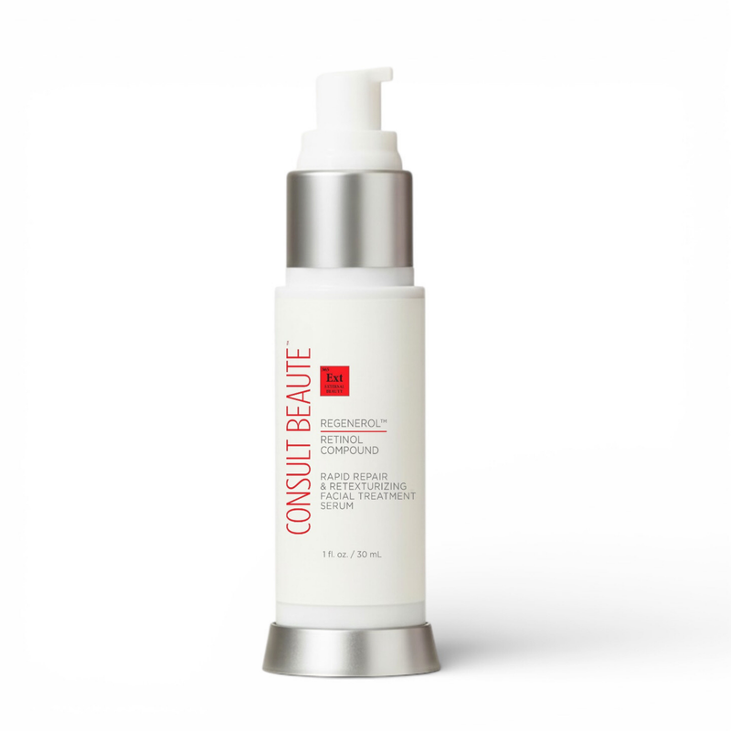 Skincare serum bottle with pump on a white background. Regenerol Retinol Compound.  Rapid Repair and Retexturizing Facial Serum.  Consult Beaute by Dr Terry Dubrow and Heather Dubrow. 