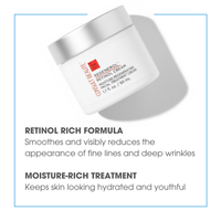 Cosmetic jar with text about retinol cream on a white background