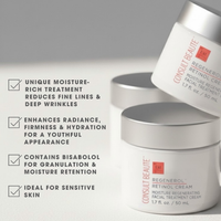 Two skincare jars with text highlighting their benefits on a light gray background
