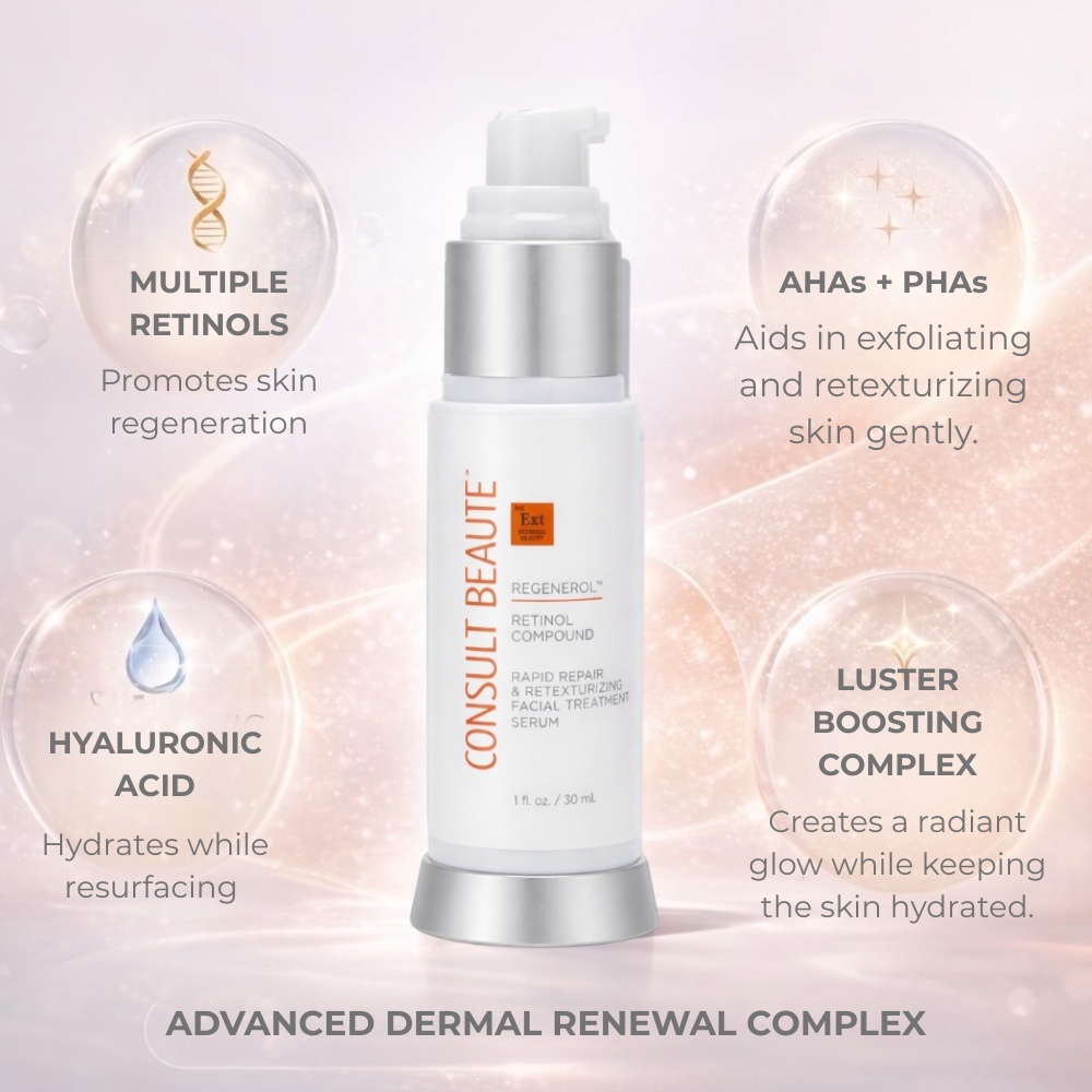Skincare product with text highlighting ingredients and benefits on a light background