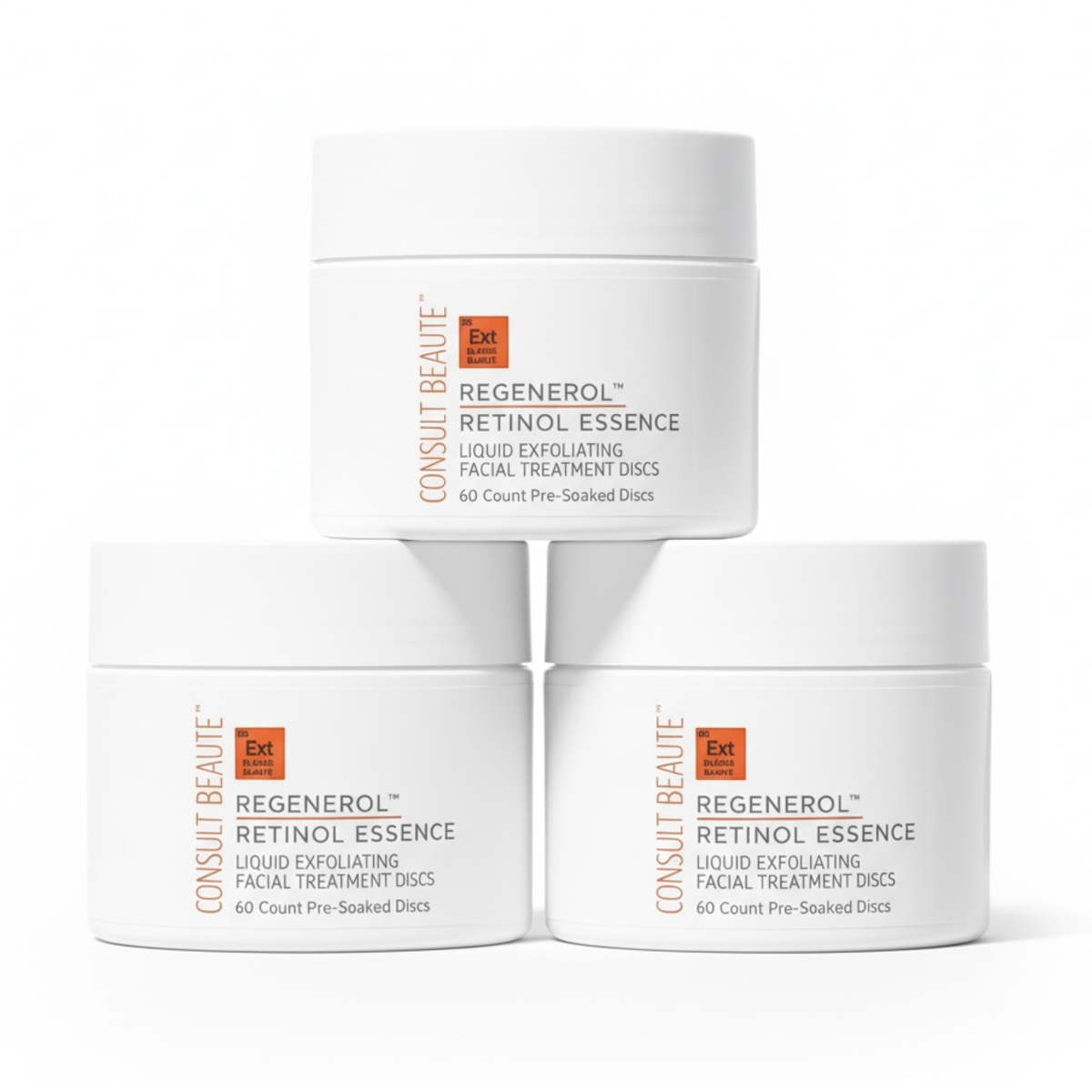 Three containers of Consult Beaute Regenerol Retinol Essence on a white background