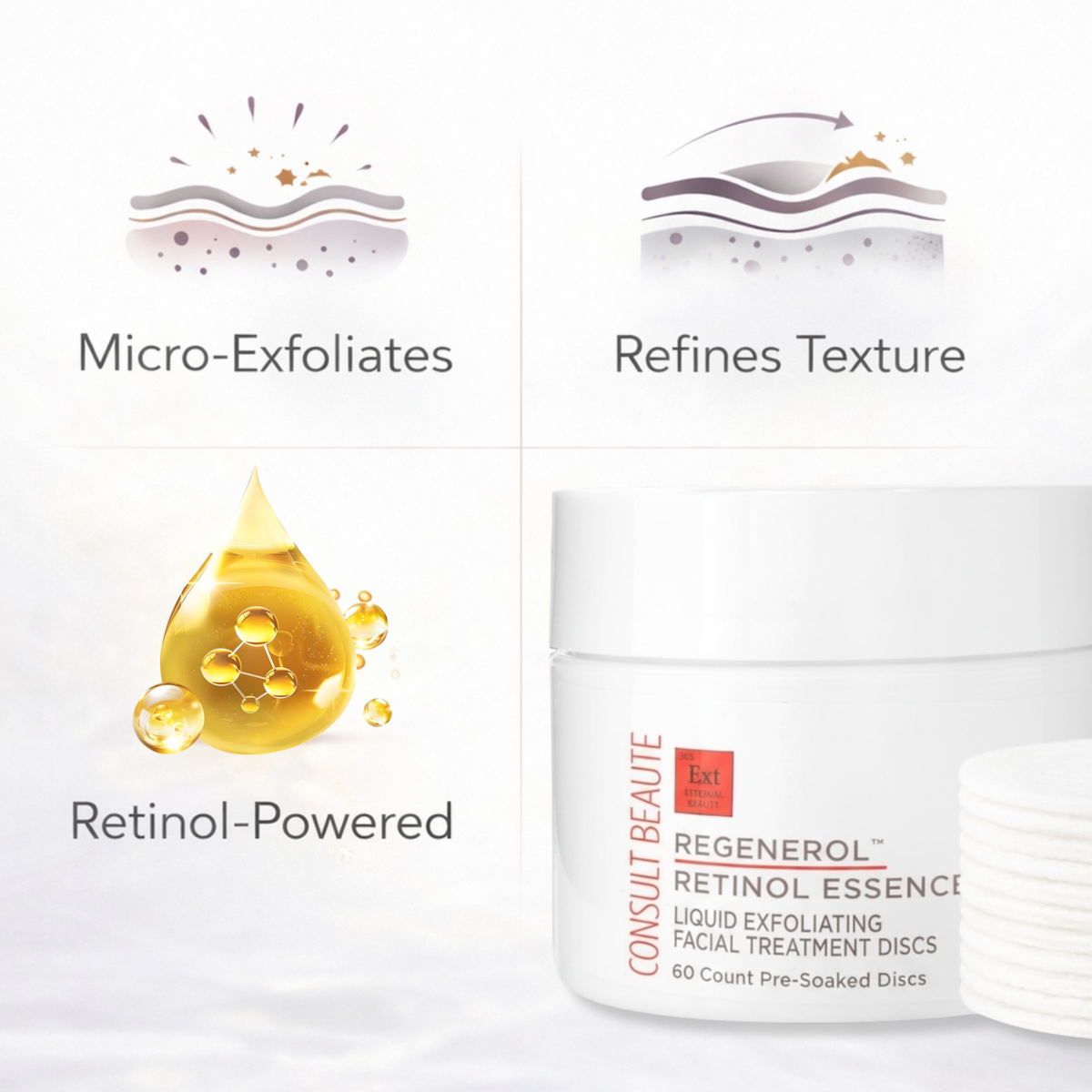 Regenerol Retinol Essence product with text highlighting features on a white background