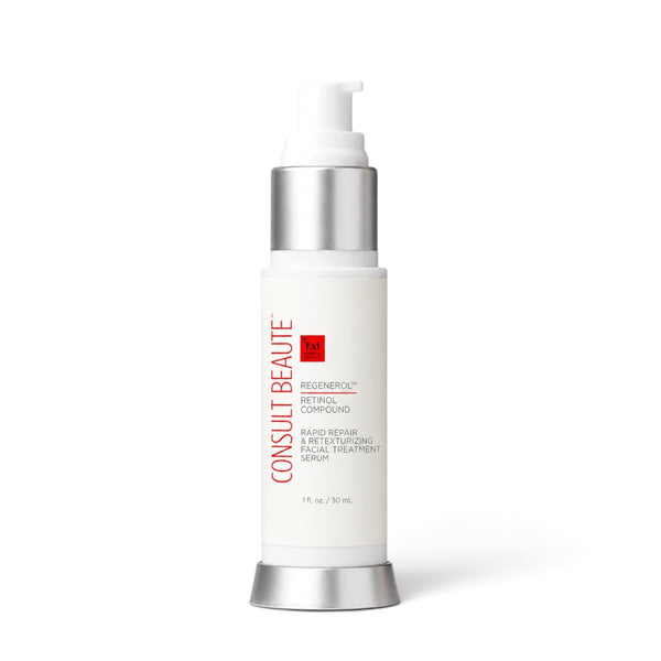 Consult Beaute Regenerol™ Retinol Compound with multiple retinols, AHAs, PHAs and Hyaluronic Acid to resurface, smooth texture, refine tone and reveal brighter, more youthful-looking skin.