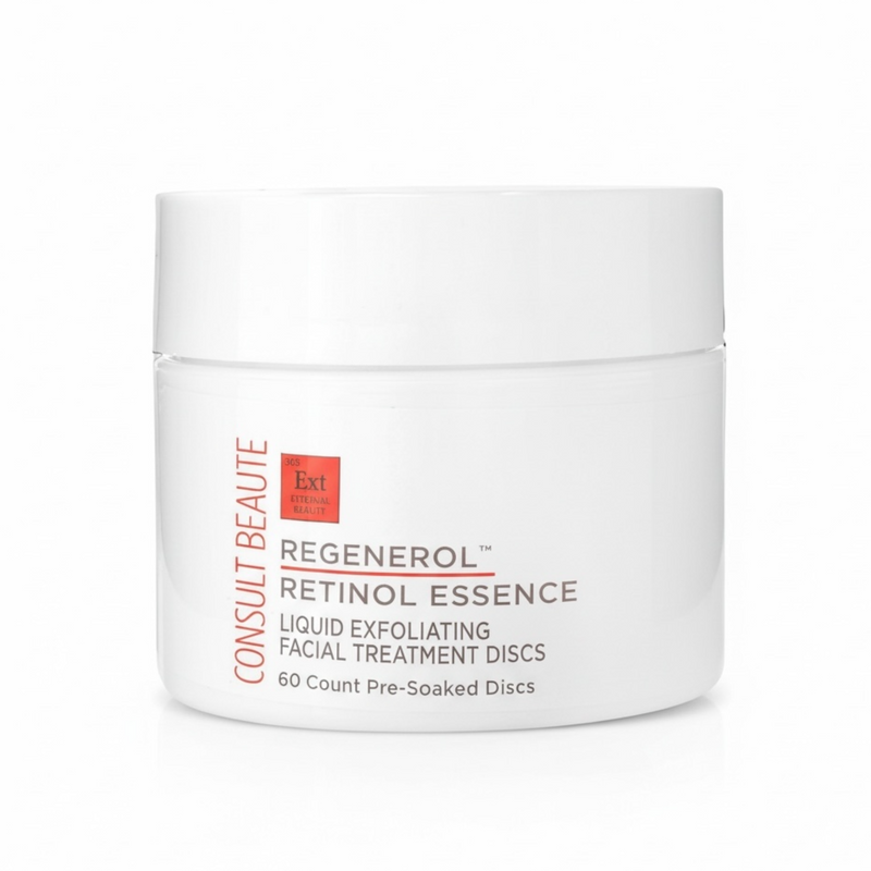 White jar of Consult Beaute Regenerol Retinol Essence on a white background
