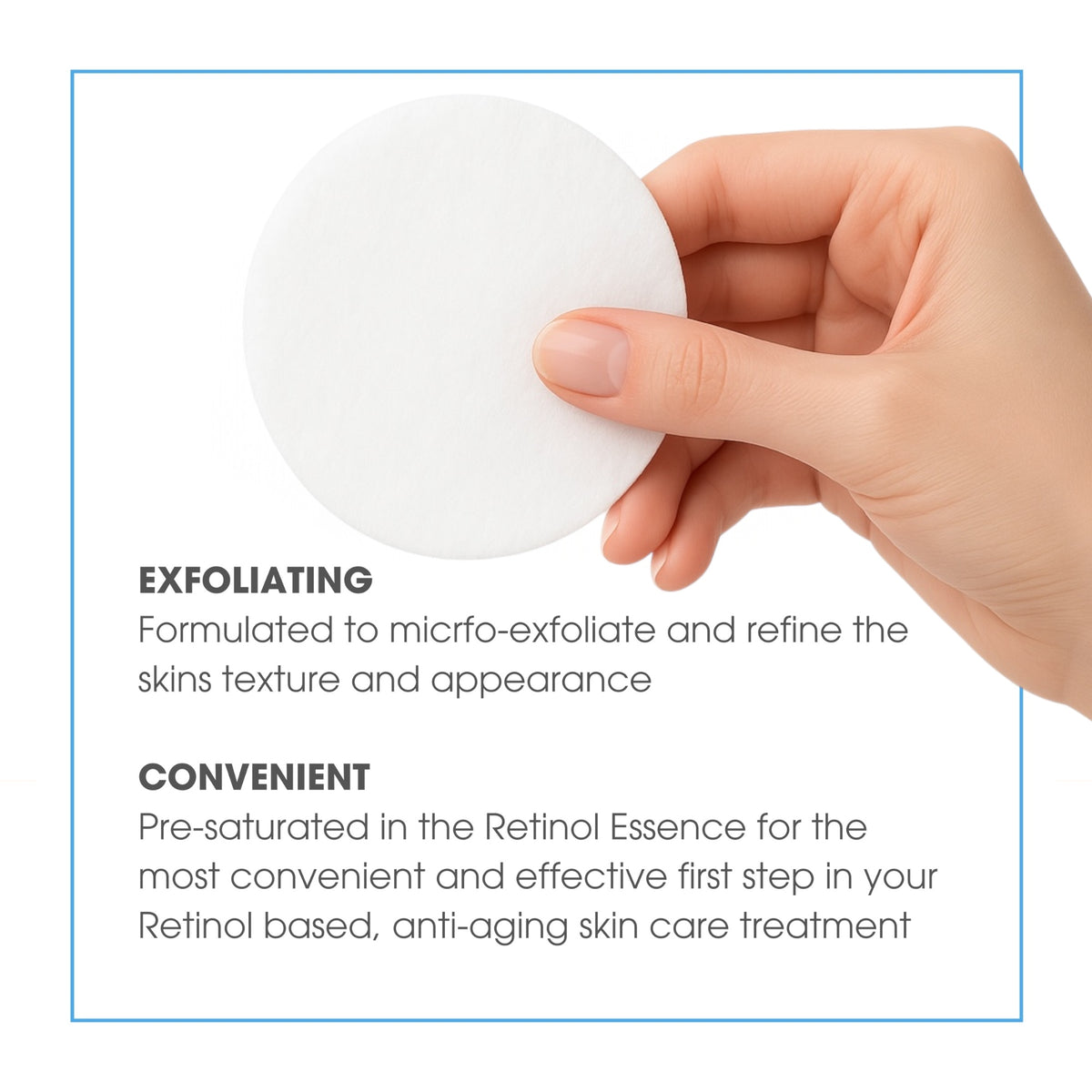 Hand holding a white round exfoliating pad with text about its use in skin care.