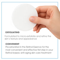 Hand holding a white exfoliating pad with text about its use in skin care.  Consult Beaute by Dr Terry Dubrow and Heather Dubrow.  Exfoliating and Convient Retinol based, anti-aging skin care treatment.