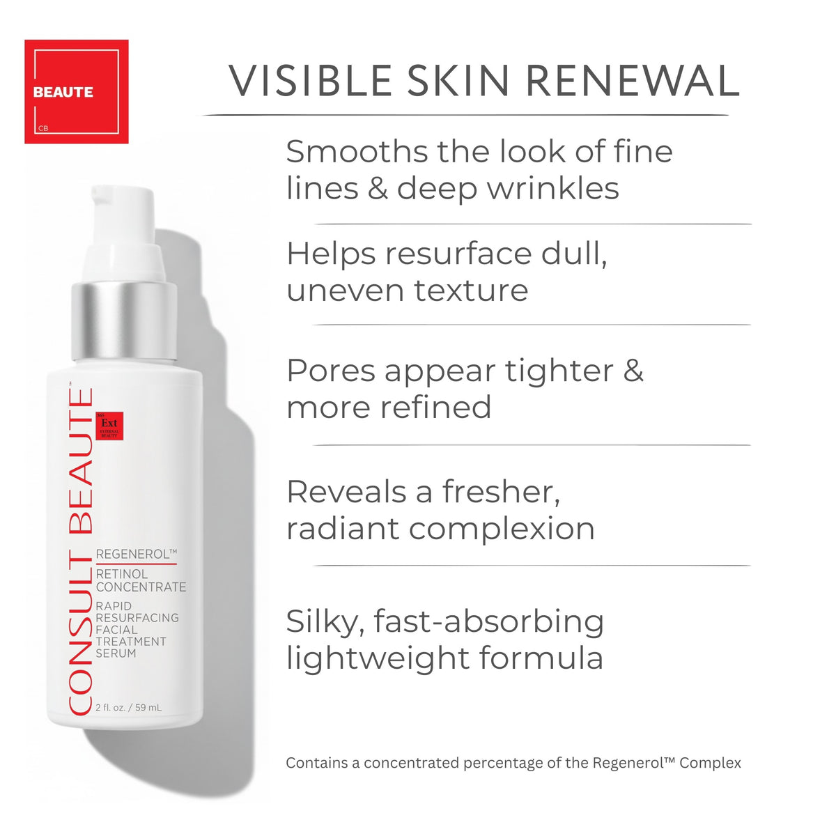 Consult Beaute Regenerol Retinol Concentrate Repid Resurfacing Facial Treatment Serum.  Consult Beaute by Dr Terry Dubrow and Heather Dubrow. 