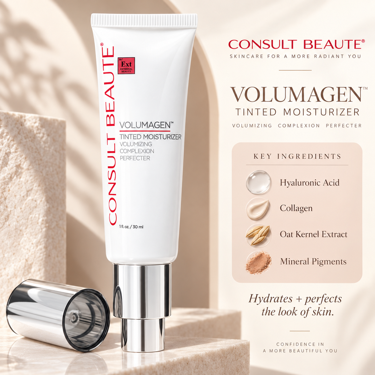 Give your complexion the look of hydration, smoothness, and buildable coverage with Consult Beaute's Volumagen™ Tinted Moisturizer.