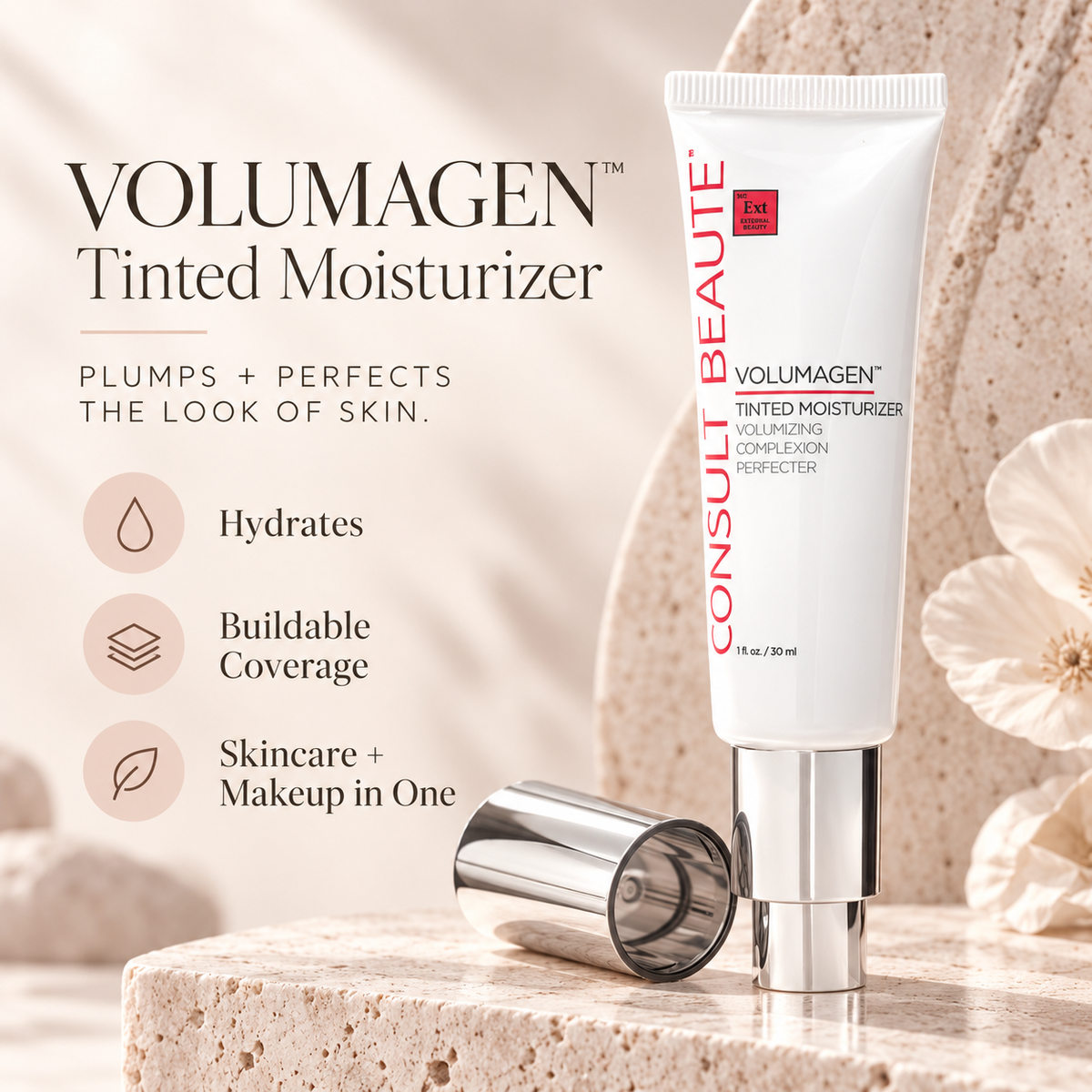 Give your complexion the look of hydration, smoothness, and buildable coverage with Consult Beaute's Volumagen™ Tinted Moisturizer.