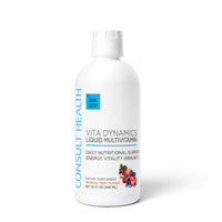 Vita Dynamics Liquid Multivitamin by Consult Health with Dr. Terry Dubrow and Heather Dubrow, a convenient liquid formula with essential vitamins and nutrients to support daily wellness and overall health.
