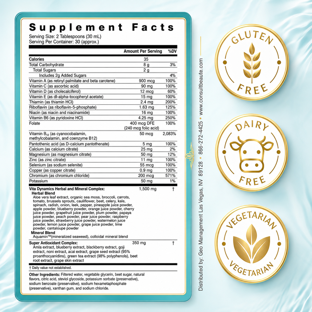 Vita Dynamics Liquid Multivitamin by Consult Health with Dr. Terry Dubrow and Heather Dubrow, a convenient liquid formula with essential vitamins and nutrients to support daily wellness and overall health.
