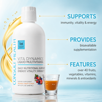 Vita Dynamics Liquid Multivitamin by Consult Health with Dr. Terry Dubrow and Heather Dubrow, a convenient liquid formula with essential vitamins and nutrients to support daily wellness and overall health.
