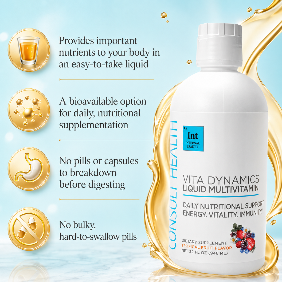 Vita Dynamics Liquid Multivitamin by Consult Health with Dr. Terry Dubrow and Heather Dubrow, a convenient liquid formula with essential vitamins and nutrients to support daily wellness and overall health.
