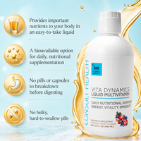 Vita Dynamics Liquid Multivitamin by Consult Health with Dr. Terry Dubrow and Heather Dubrow, a convenient liquid formula with essential vitamins and nutrients to support daily wellness and overall health.
