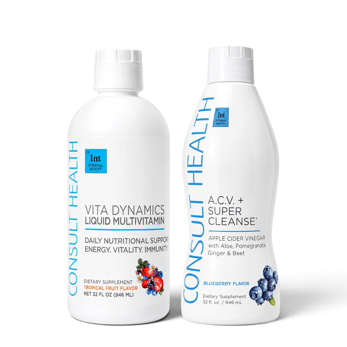 Consult Health Super Vita Morning Bundle featuring ACV+ Super Cleanse in Blueberry, Peach Mango, or Green Apple and Vita Dynamics Liquid Multivitamin by Dr. Terry Dubrow and Heather Dubrow.