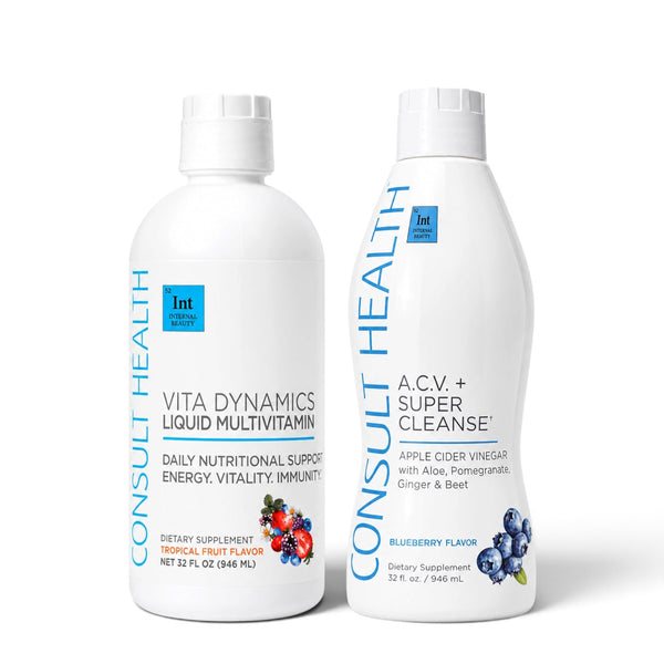 Consult Health Super Vita Morning Bundle featuring ACV+ Super Cleanse in Blueberry, Peach Mango, or Green Apple and Vita Dynamics Liquid Multivitamin by Dr. Terry Dubrow and Heather Dubrow.