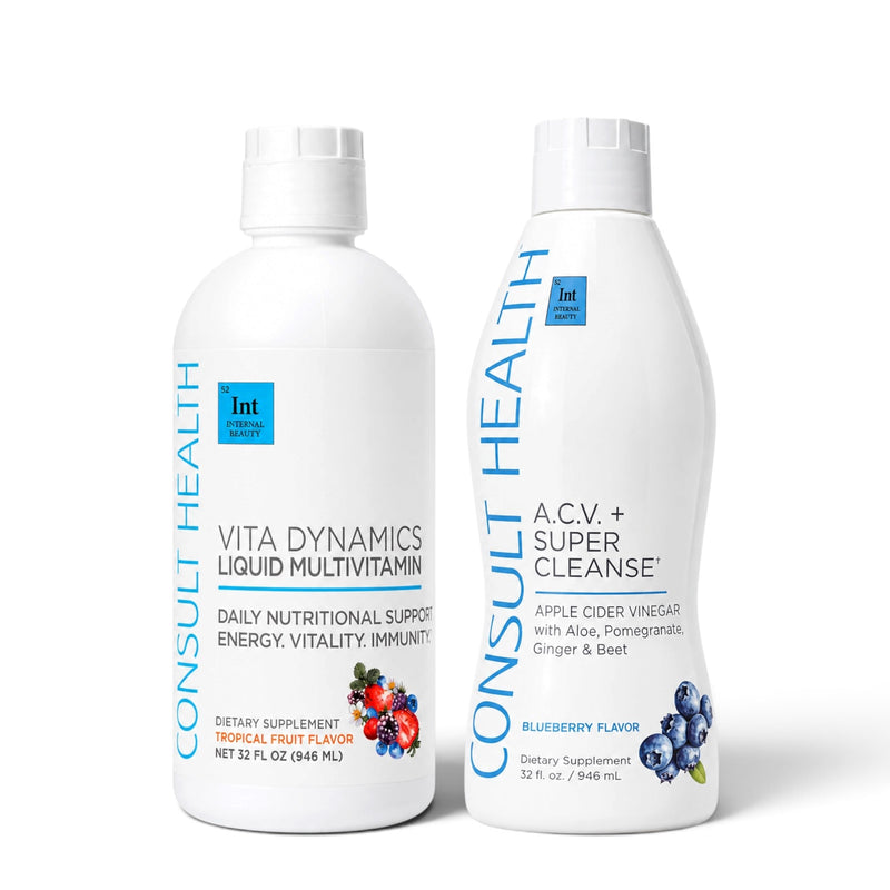 Consult Health Super Vita Morning Bundle featuring ACV+ Super Cleanse in Blueberry, Peach Mango, or Green Apple and Vita Dynamics Liquid Multivitamin by Dr. Terry Dubrow and Heather Dubrow.