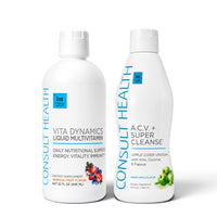 Consult Health Super Vita Morning Bundle featuring ACV+ Super Cleanse in Blueberry, Peach Mango, or Green Apple and Vita Dynamics Liquid Multivitamin by Dr. Terry Dubrow and Heather Dubrow.