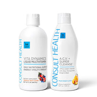 Consult Health Super Vita Morning Bundle featuring ACV+ Super Cleanse in Blueberry, Peach Mango, or Green Apple and Vita Dynamics Liquid Multivitamin by Dr. Terry Dubrow and Heather Dubrow.