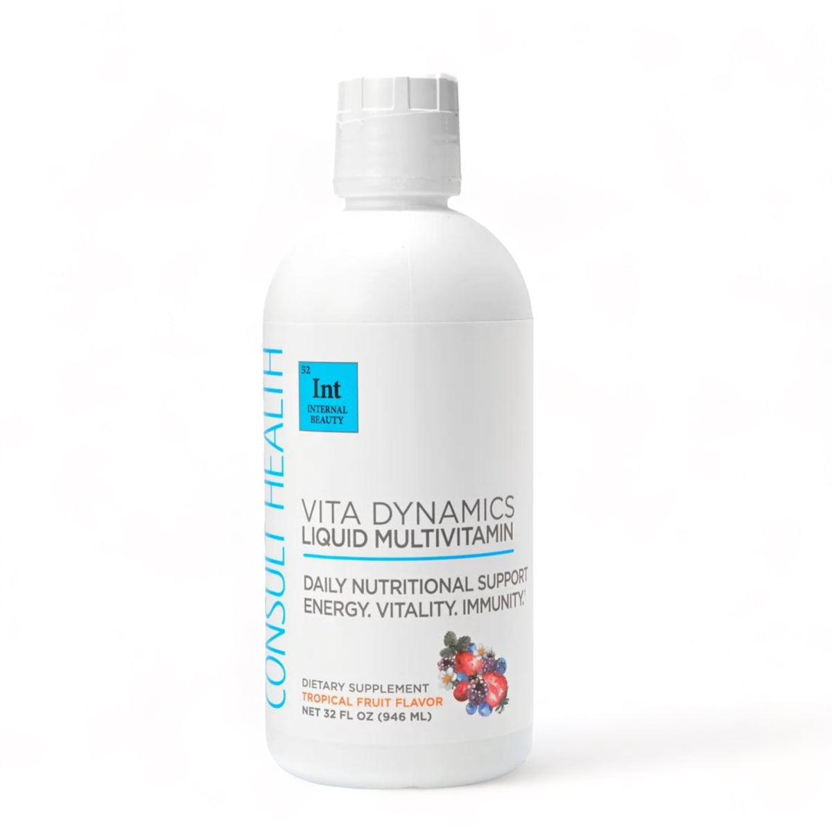 A bottle of Vita Dynamics Liquid MultiVitamin by Conson Health with a label showing the brand and product name, daily nutritional support, and energy, vitality, immunity benefits.