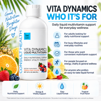 A bottle of Consult Health's Vita Dynamics Liquid Multivitamin shown on a colorful promotional background with fruit slices, text callouts, and product benefits. The bottle is white with blue and black labeling, and the surrounding design includes icons and flavor notes for tropical fruit.