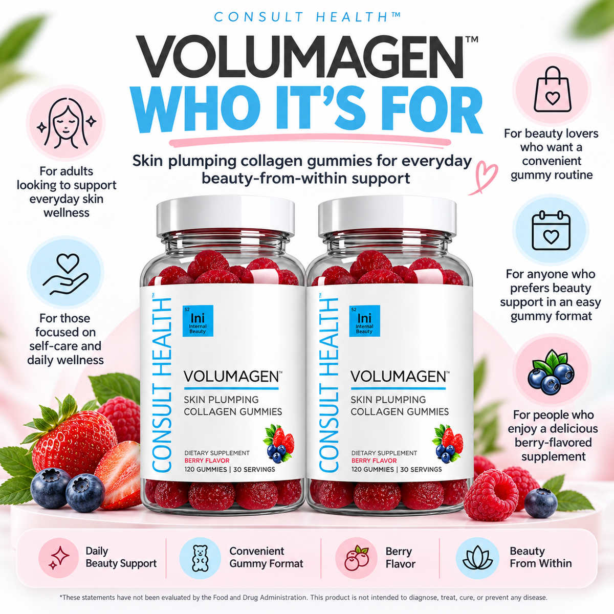 Consult Beaute Volumagen Skin Plumping Gummies for daily beauty support, helping promote plumper, smoother, more youthful-looking skin from within.