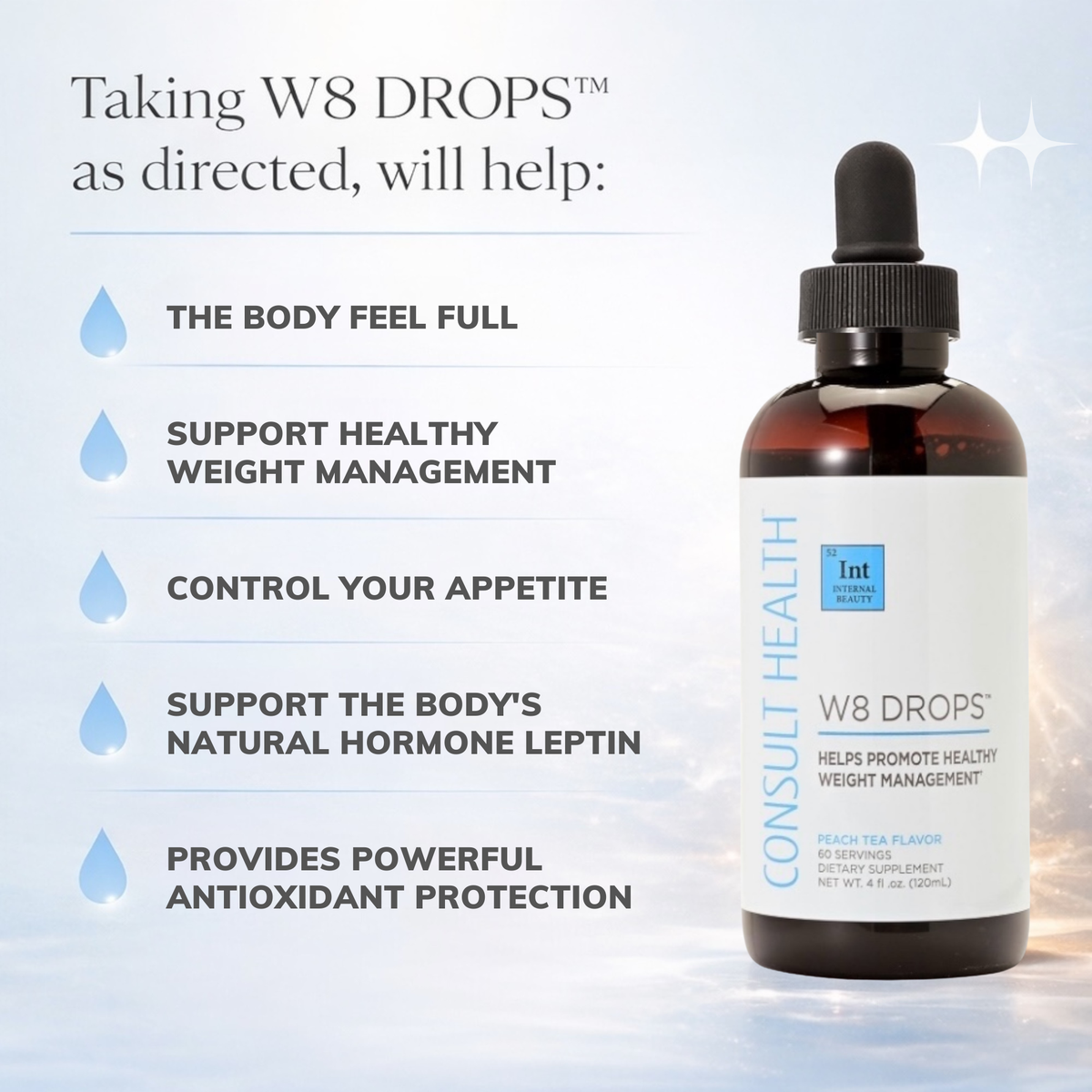 W8 Drops supplement bottle with benefits listed on a light blue background
