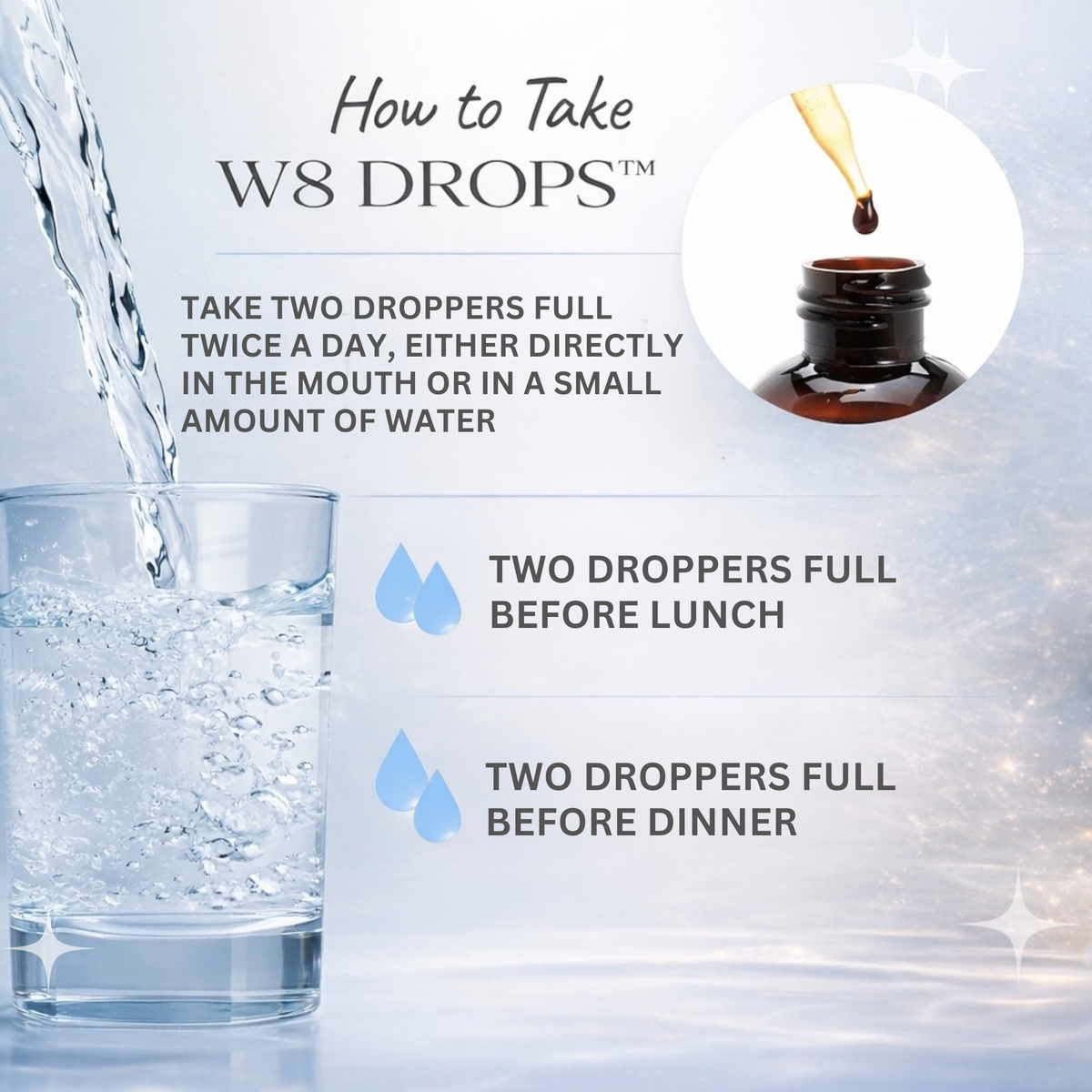 W8 Drops product with instructions on how to take it, including a dropper and glass of water.